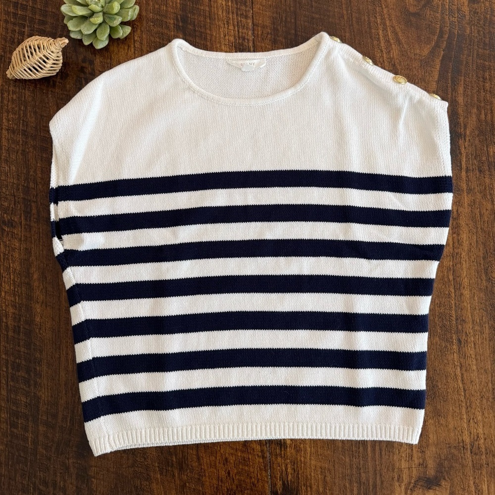 Brit.NY | Nautical Navy & White Striped Sleeveless Cotton Sweater Top, Size XL